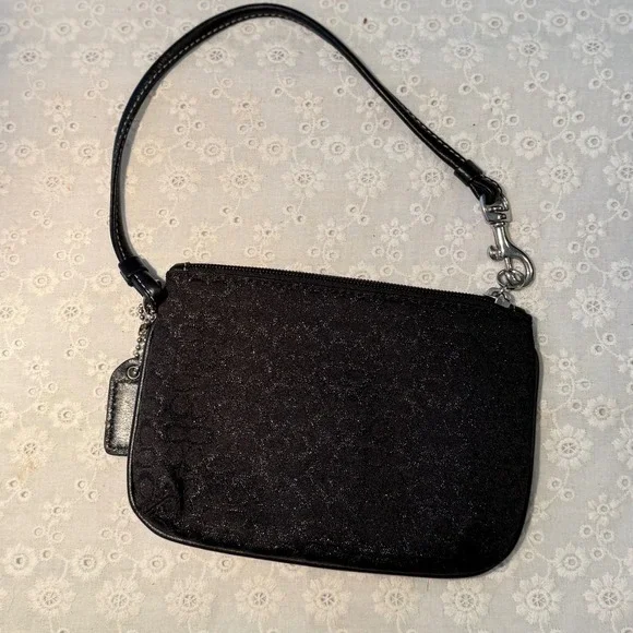 Coach Black Signature Jacquard Shimmer Wristlet Silver Hardware Leather Trim - Picture 4 of 8